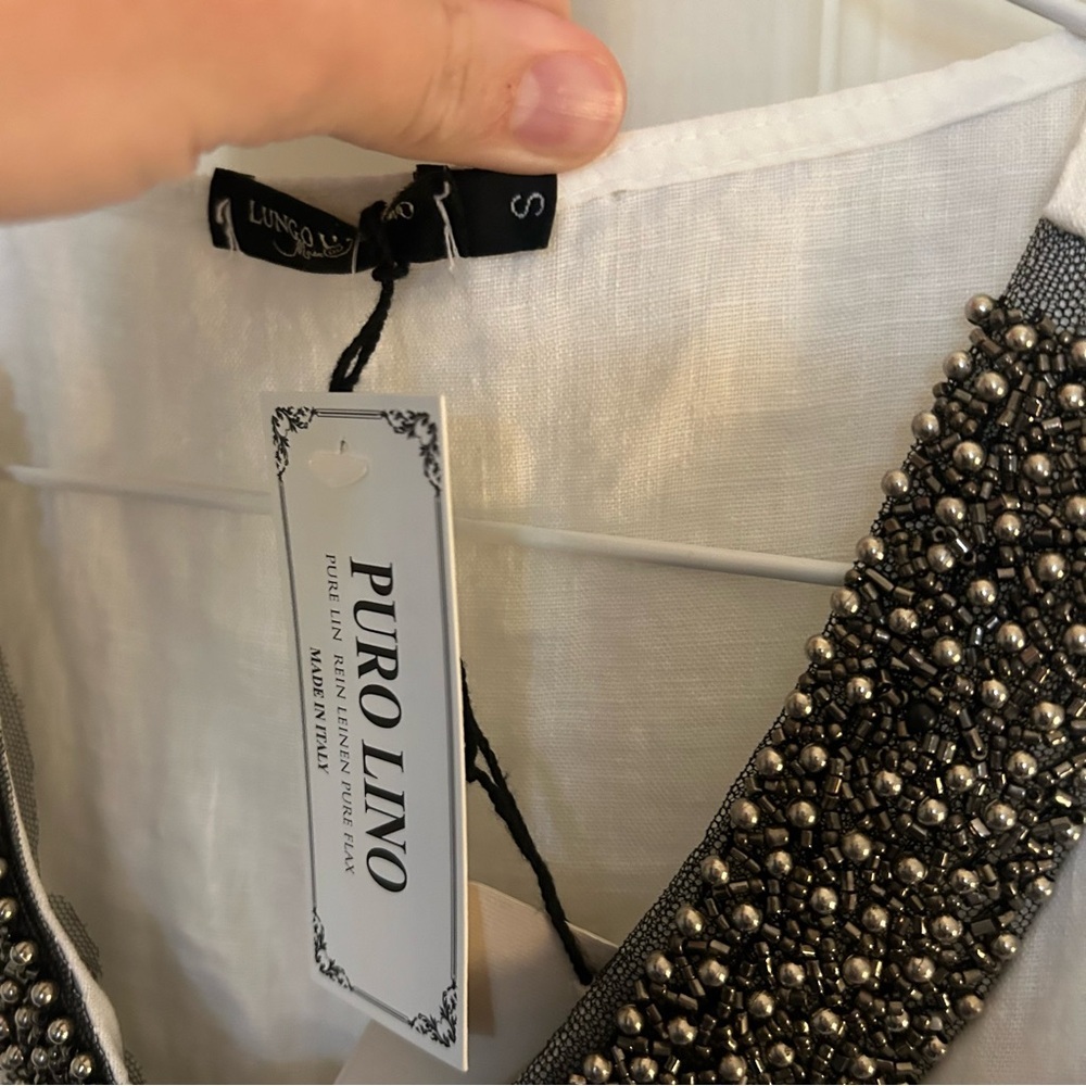 Lungo L'Arno NWT White Beaded 100% Linen Tank Blouse Made In Italy Size Small - Picture 5 of 13